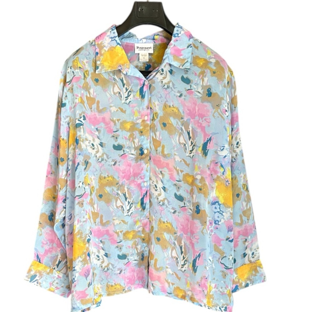 Potpourri Women's Floral Button-Up Multi-Colored Sheer Blouse 2X